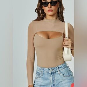 NWT Bodycon Bodysuit XS Nude /Tan / long sleeve / club top / sexy / Shapewear